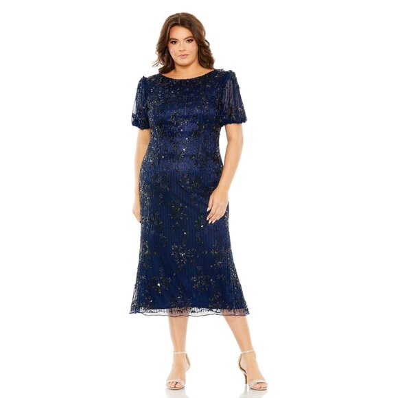 NWT Mac Duggal High Neck Puff Sleeve Embellished Dress Midnight 16W - Picture 1 of 8